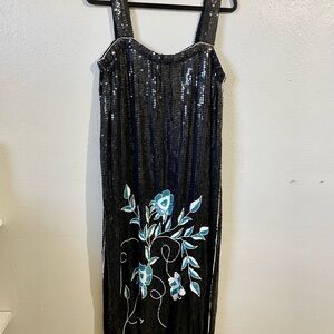 Nini 100% Silk Sequin Floral Maxi Dress Formal Evening Large Handmade India Glam